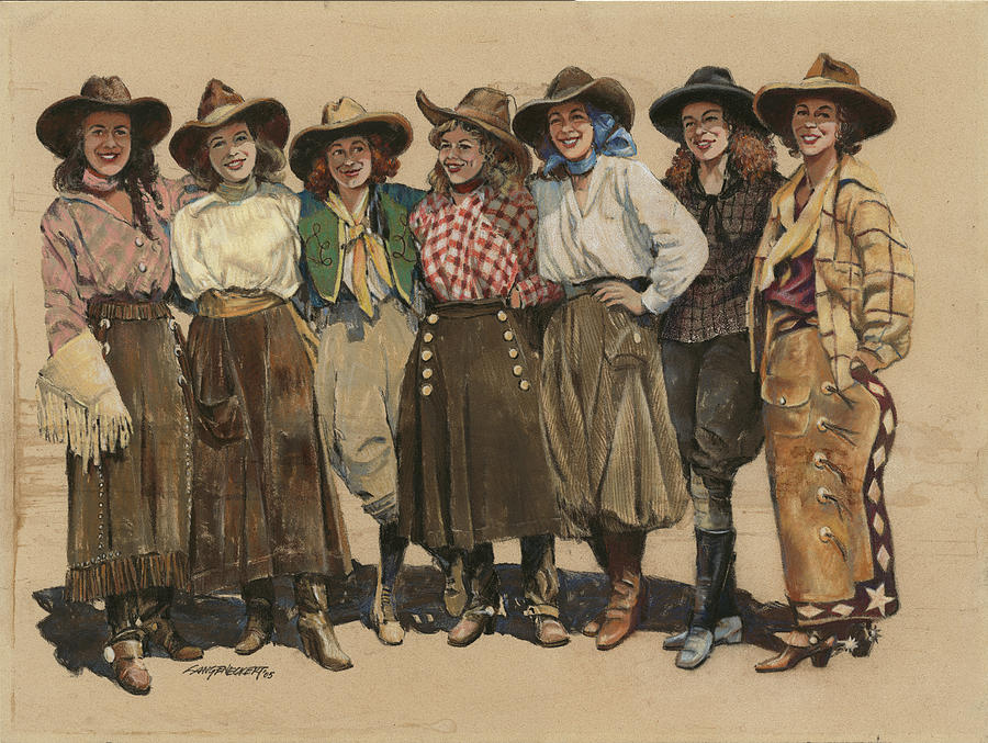 Cowgirl Painting - 7 Cowgirls - Old Time 1920s by Don  Langeneckert