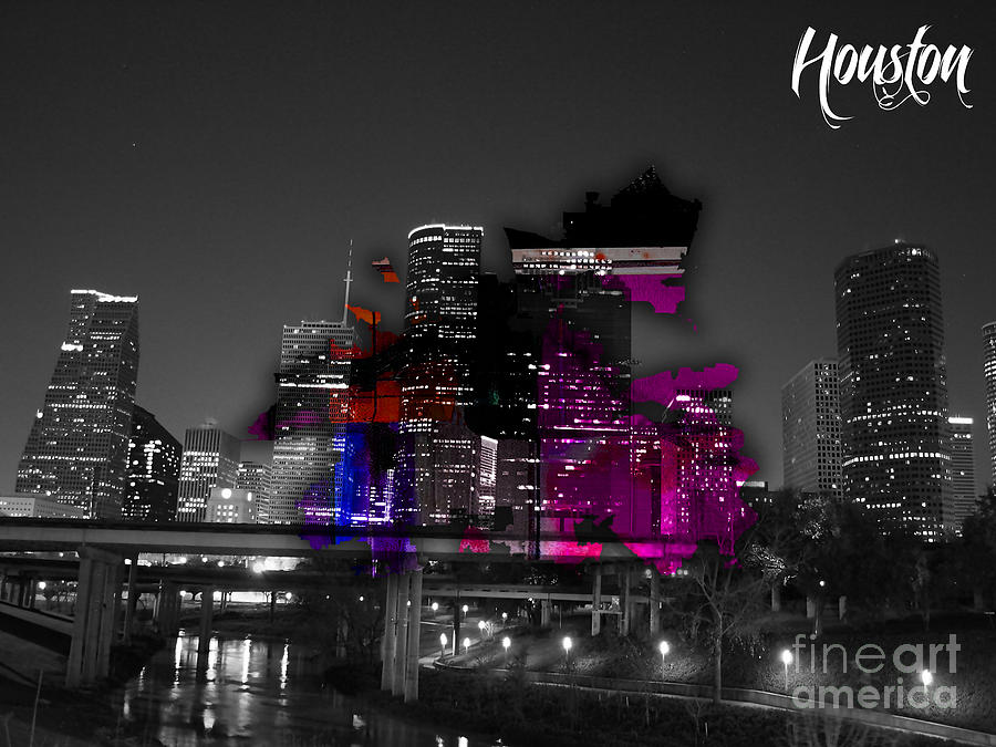 Houston Skyline Mixed Media - Houston Map and Skyline Watercolor #7 by Marvin Blaine
