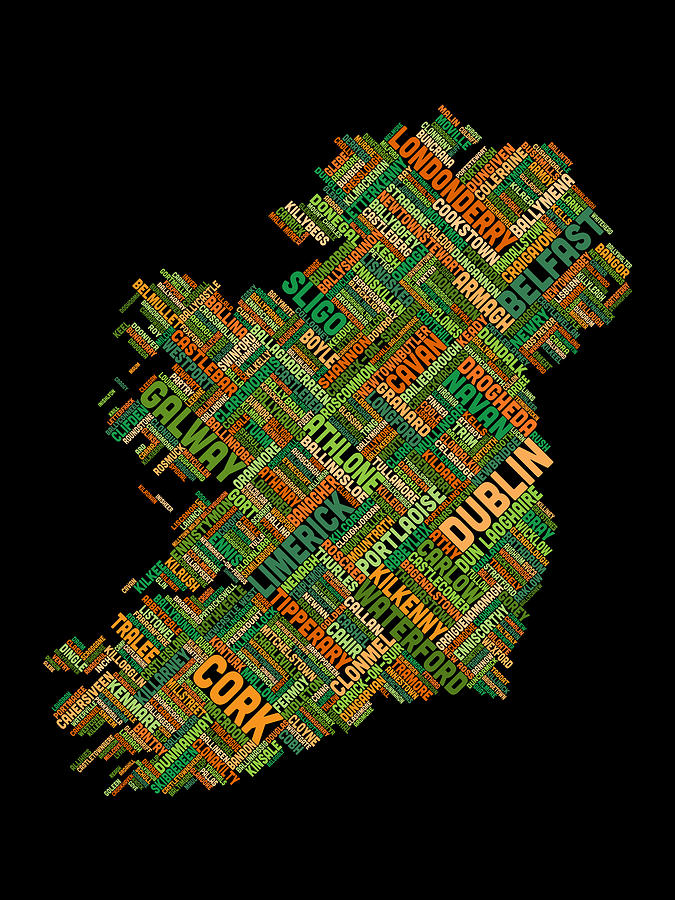 Typography Digital Art - Ireland Eire City Text map #7 by Michael Tompsett