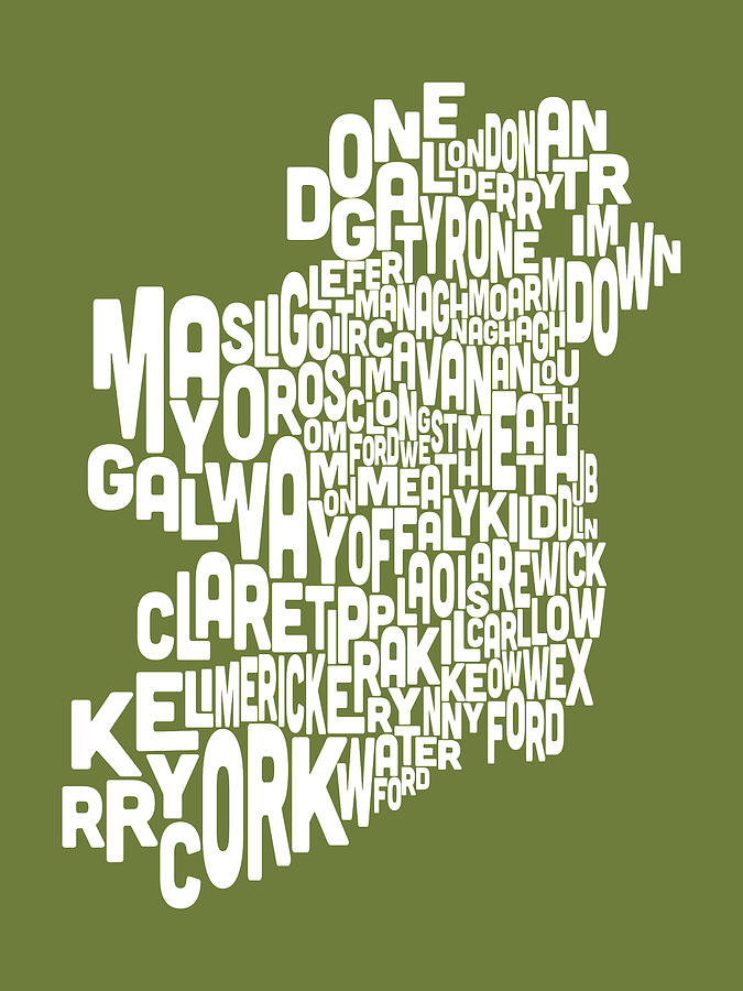 Typography Digital Art - Ireland Eire County Text Map #7 by Michael Tompsett