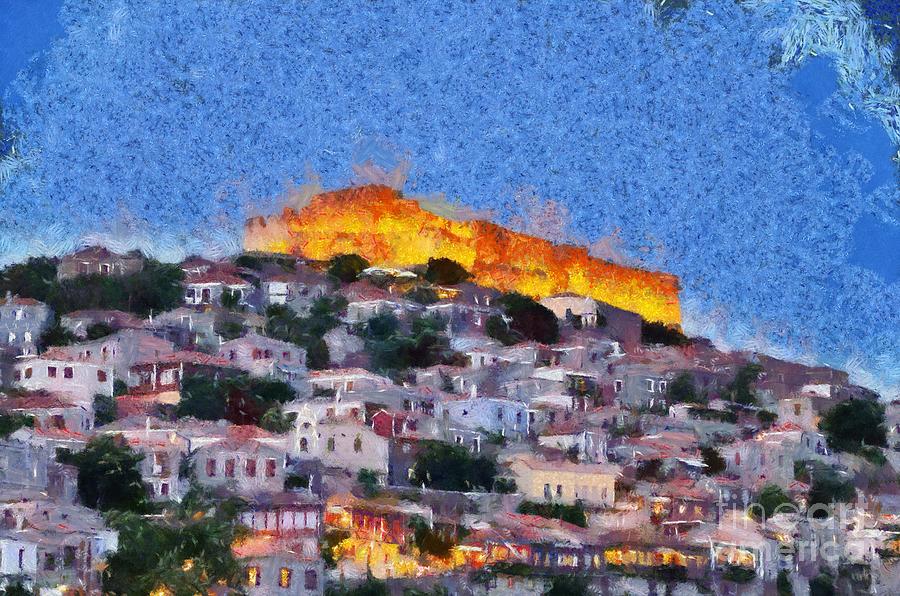 Molyvos town in Lesvos island #3 Painting by George Atsametakis