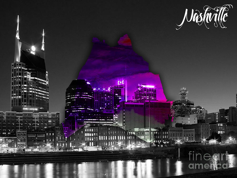 Nashville Skyline Mixed Media - Nashville Skyline and Map Watercolor #7 by Marvin Blaine