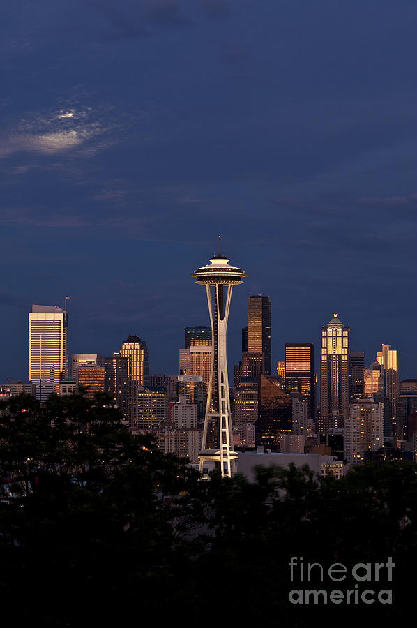 Seattle Skyline with moonrise and Space Needle #7 Photograph by Jim Corwin