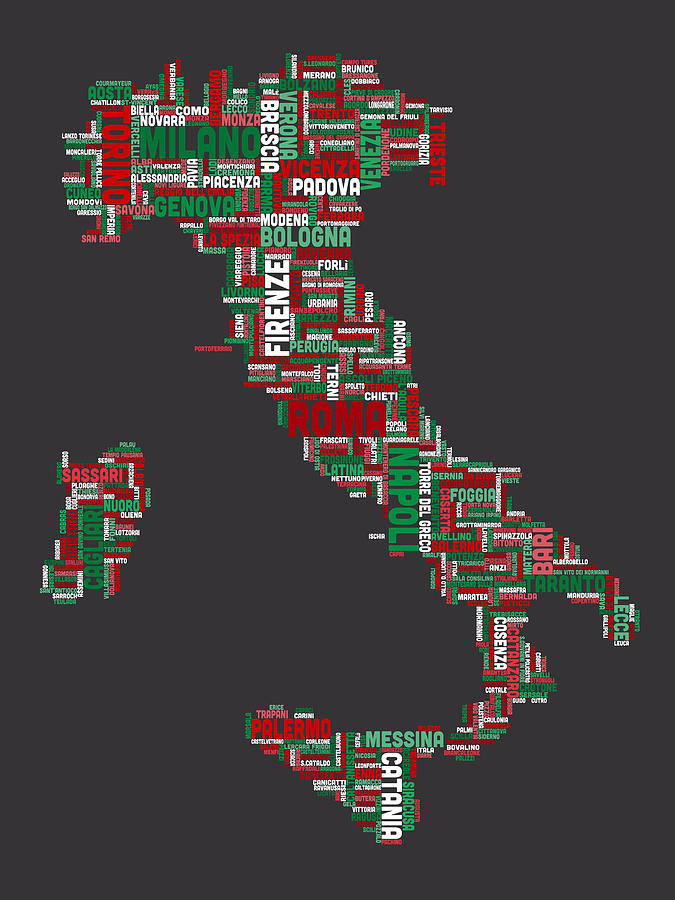 Text Map of Italy Map #2 Digital Art by Michael Tompsett