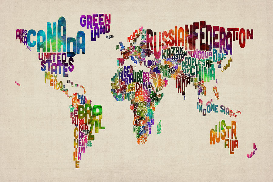 Map Of The World Digital Art - Text Map of the World #5 by Michael Tompsett