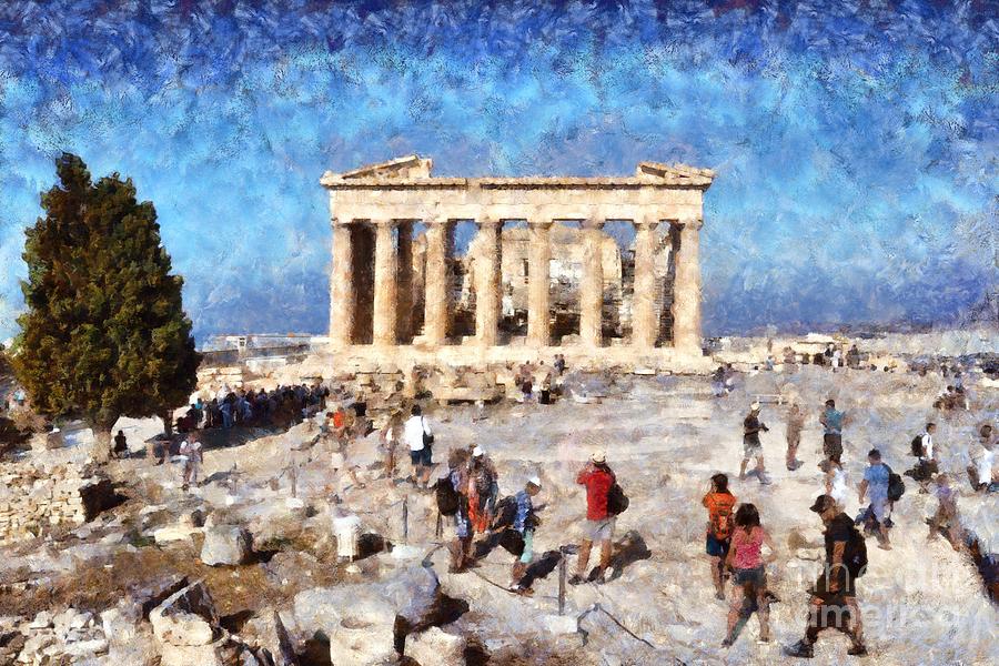 Tourists in Acropolis of Athens in Greece #11 Painting by George Atsametakis