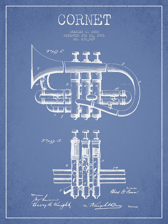 Cornet Patent Drawing From 1901 - Light Blue Digital Art
