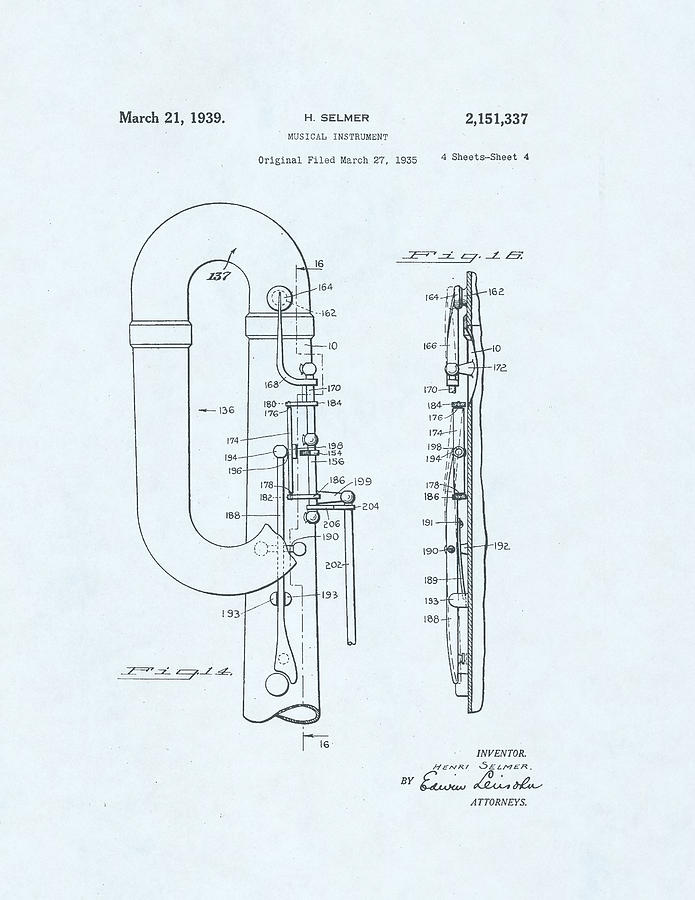 Saxophone Patent drawing on blue background Drawing by Steve Kearns