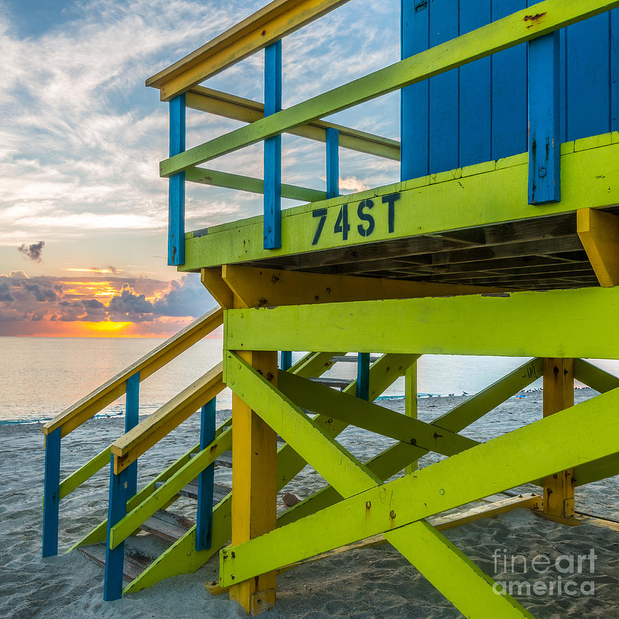 Miami Photograph - 74th Street Lifeguard Tower Sunrise - Miami Beach - Florida - Square Crop by Ian Monk