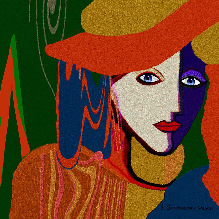 772 - Lady Face Deco Orange Hat Painting by Irmgard Schoendorf Welch