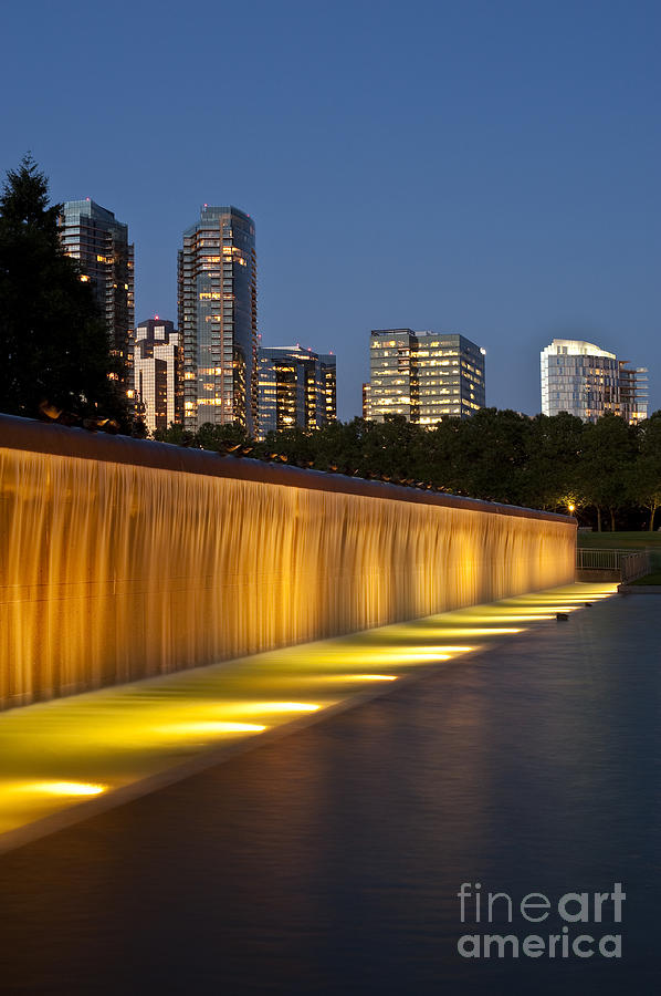 Bellevue skyline from city park with fountain and waterfall at s #8 Photograph by Jim Corwin