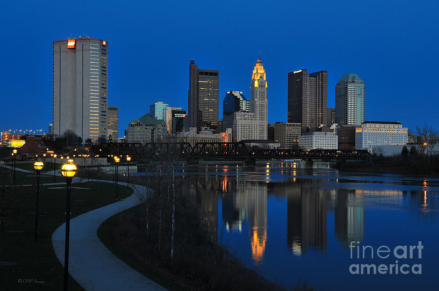 Columbus Photograph - Columbus Ohio skyline at night by Ohio Stock Photography Art Prints