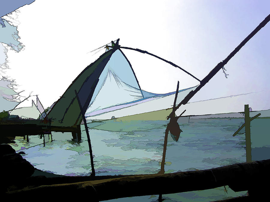 Fish Digital Art - Fishing nets on the sea coast in Alleppey #8 by Ashish Agarwal