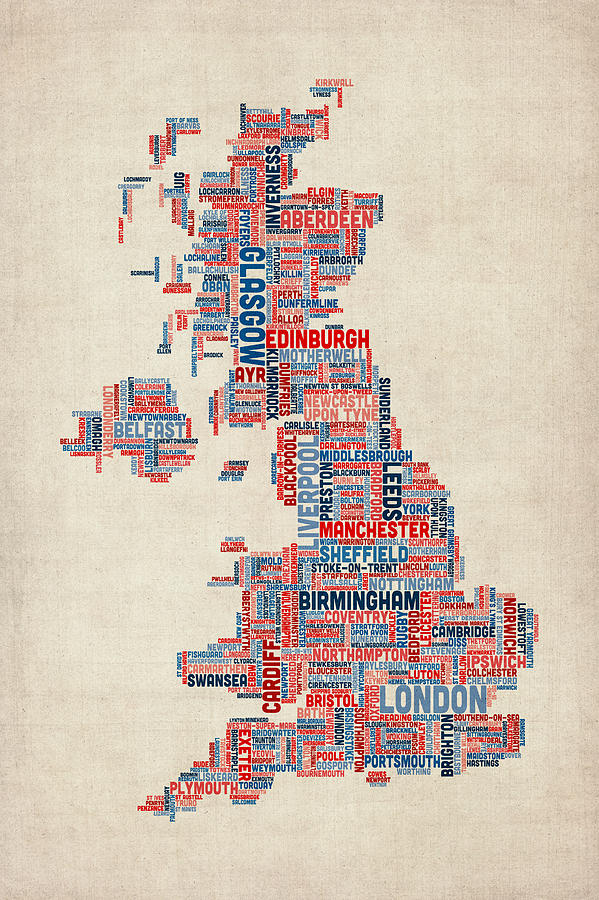Great Britain UK City Text Map #8 Digital Art by Michael Tompsett