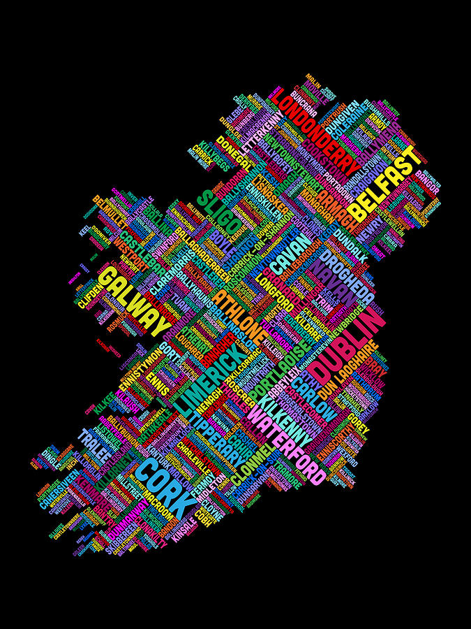Typography Digital Art - Ireland Eire City Text map #8 by Michael Tompsett
