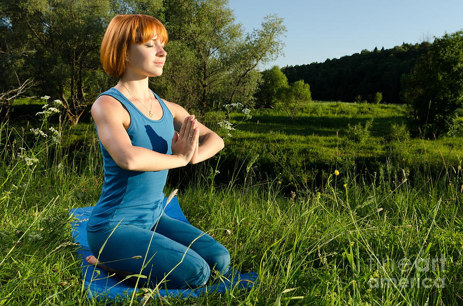 Red Woman Practicing Fitness Yoga Outdoors Photograph