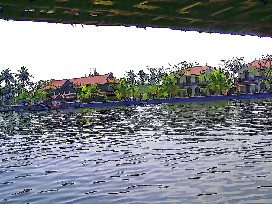 View of lake resort framed from the top of a houseboat #8 Digital Art by Ashish Agarwal