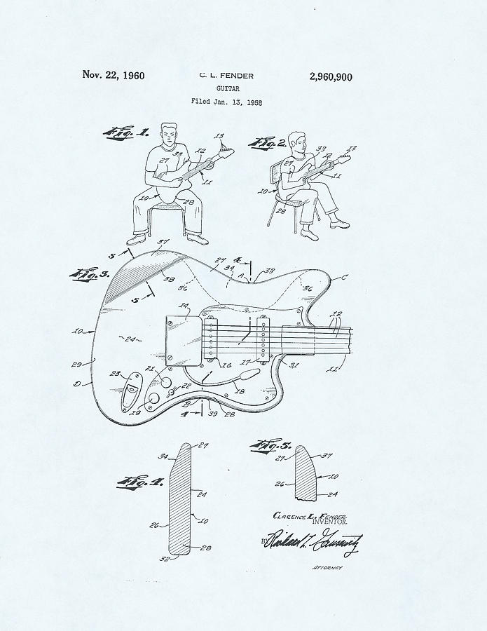 Guitar Patent Drawing on blue background #2 Drawing by Steve Kearns