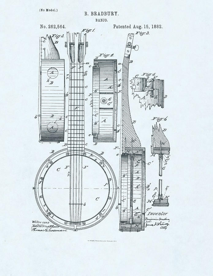 Banjo Patent Drawing on blue background Drawing by Steve Kearns