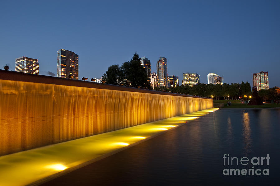 Bellevue skyline from city park with fountain and waterfall at s #9 Photograph by Jim Corwin