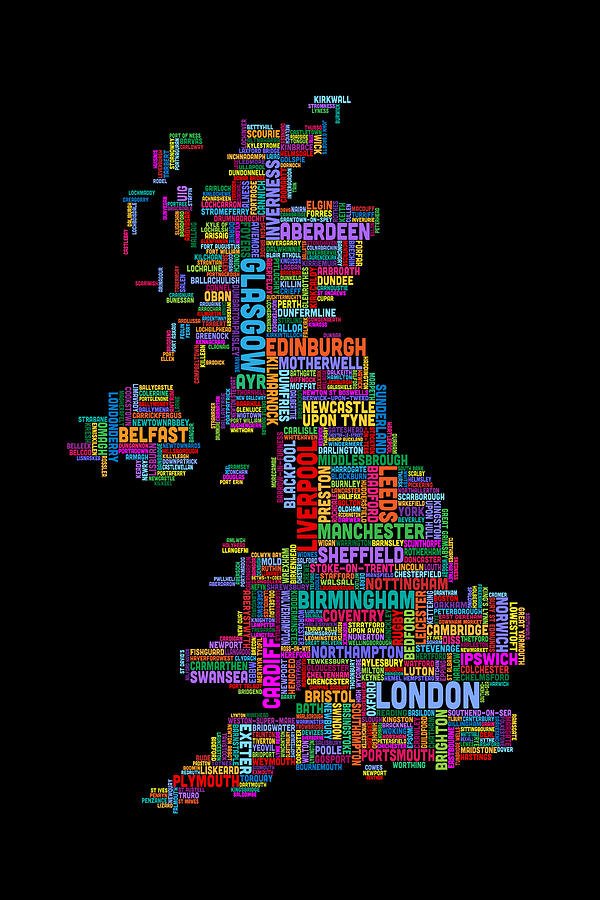 Great Britain UK City Text Map #9 Digital Art by Michael Tompsett