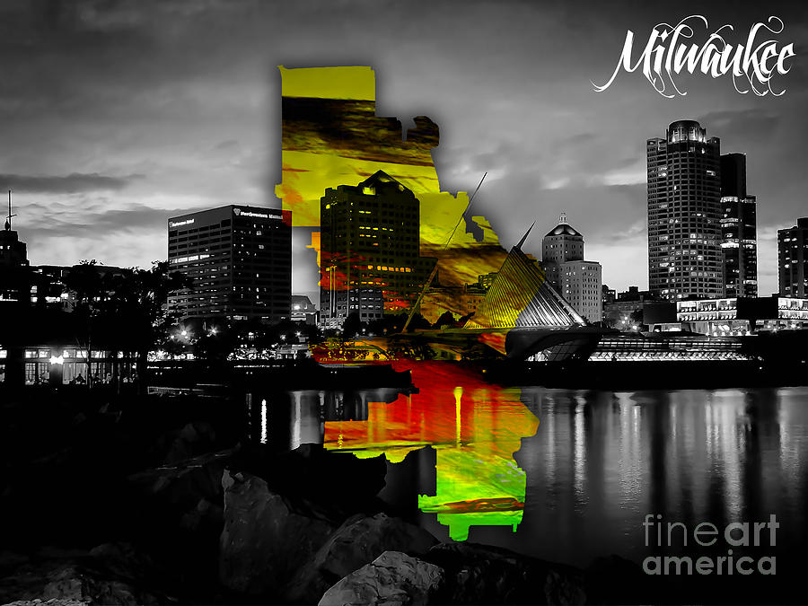 Milwaukee Skyline Mixed Media - Milwaukee Map and Skyline Watercolor #9 by Marvin Blaine