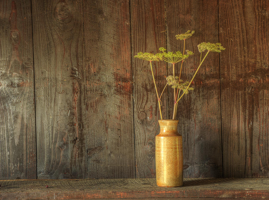 Flower Photograph - Retro style still life of dried flowers in vase against worn woo #9 by Matthew Gibson