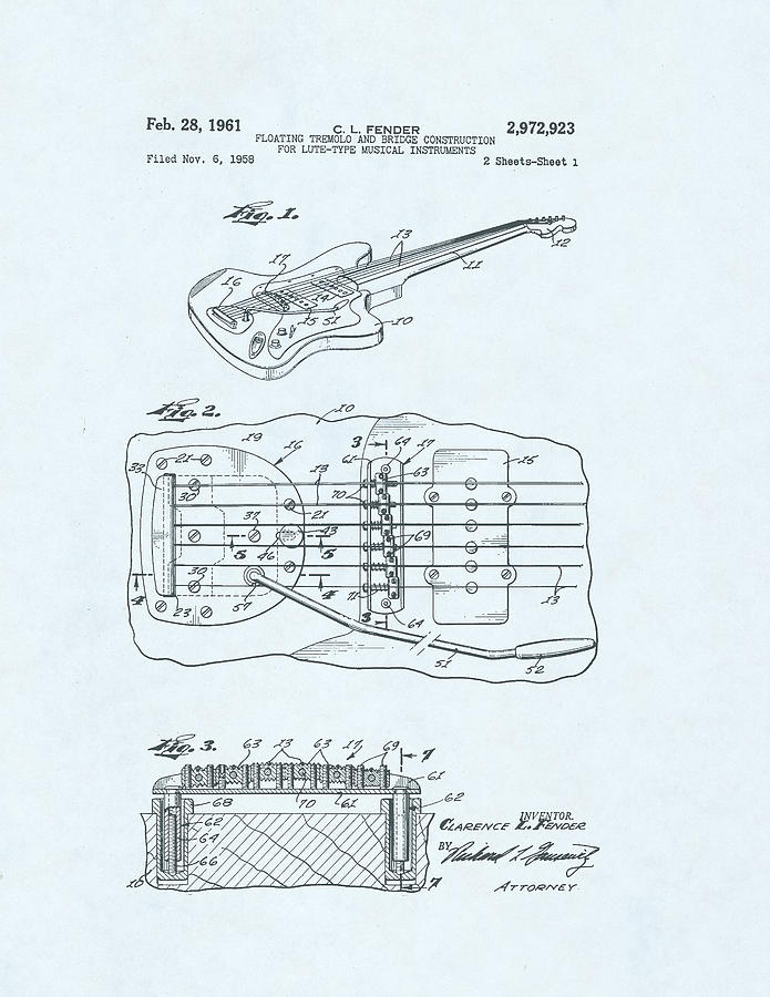 Guitar Patent Drawing on blue background #1 Drawing by Steve Kearns