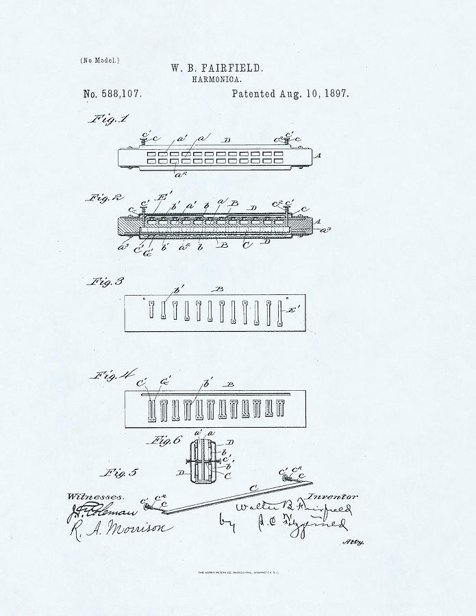 Harmonica Patent drawing on blue background Drawing by Steve Kearns