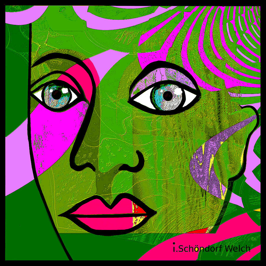932  - Pink and green Face Pop Art Painting by Irmgard Schoendorf Welch