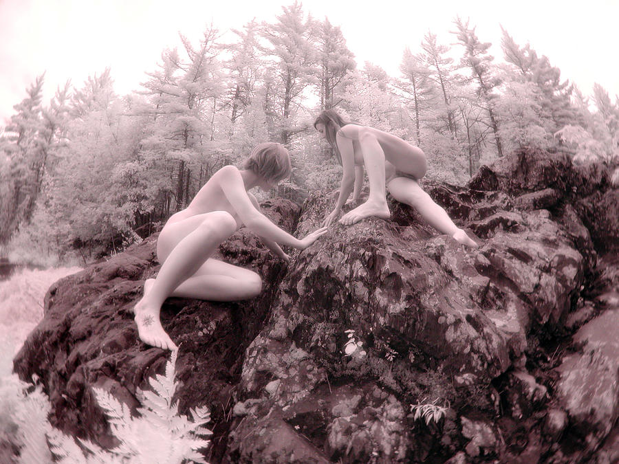 9417 Two Nude Girls Climbing on Rocks in the Woods  Photograph by Chris Maher