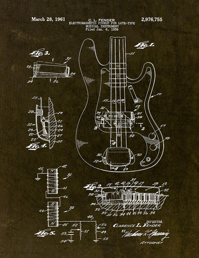1961 Fender Bass Pickup Patent Art Drawing by Gary Bodnar