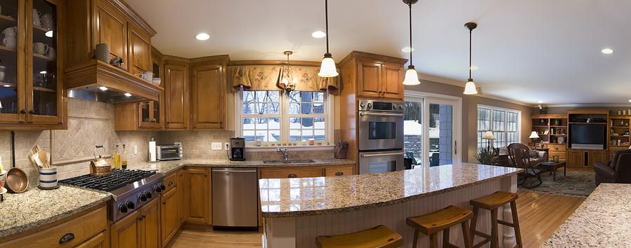 A 180 degree view of a kitchen and living area Photograph by ArtBoyMB