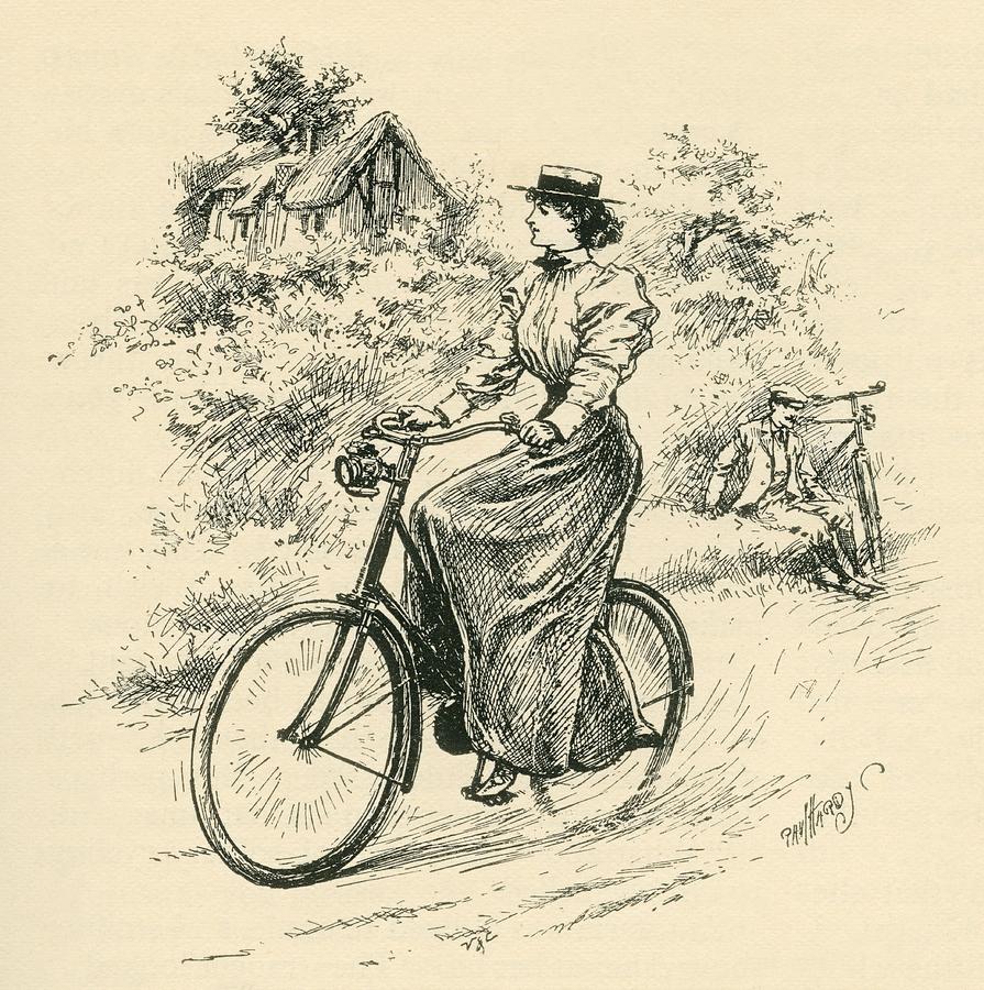 Vintage Drawing - A 19th Century Female Cyclist by English School