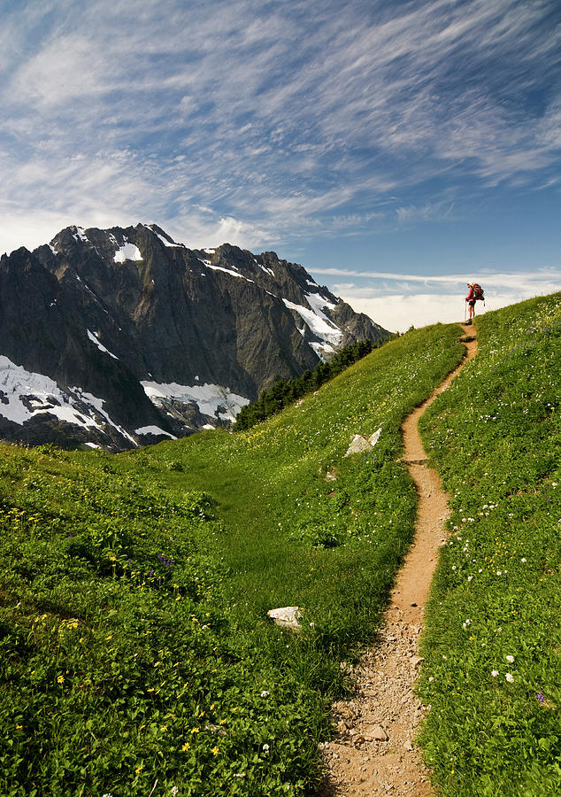 North Cascades National Park Photograph - A Backpacker Hoofs It Up The Sahale Arm by Cliff Leight