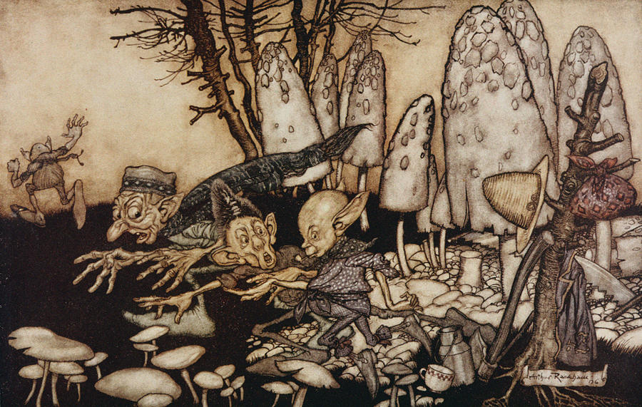 Elf Photograph - A Band Of Workmen, Who Were Sawing Down A Toadstool, Rushed Away, Leaving Their Tools by Arthur Rackham