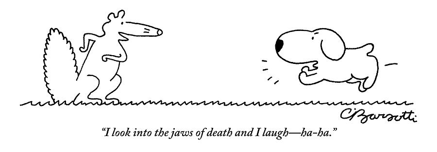 A Barking Dog Runs Towards A Squirrel Who Faces Drawing by Charles Barsotti