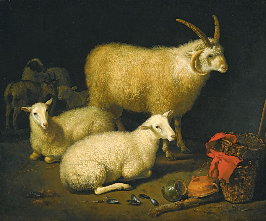 A Barn Interior with a Four-Horned Ram and Four Ewes and a Goat Painting by Aelbert Cuyp
