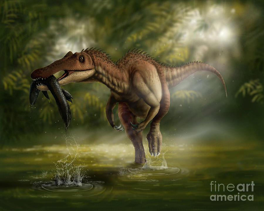 A Baryonyx Dinosaur Catches A Fishin Digital Art by Yuriy Priymak