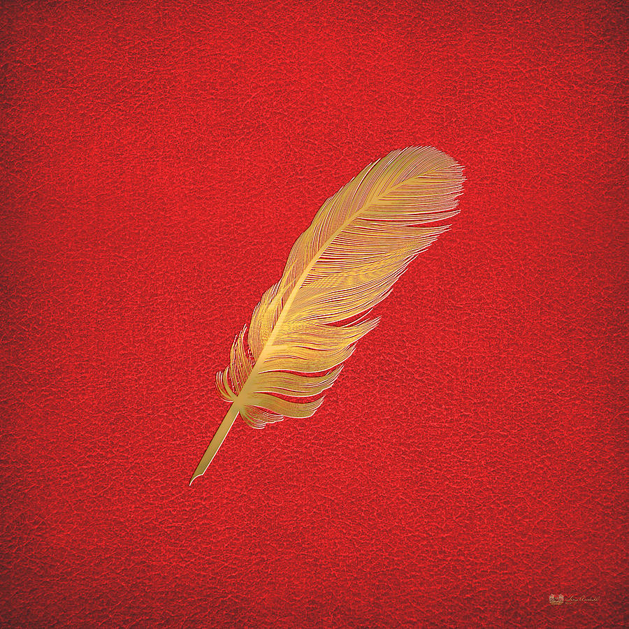 A Bird feather - Embossed Gold on Red Leather Digital Art by Serge Averbukh