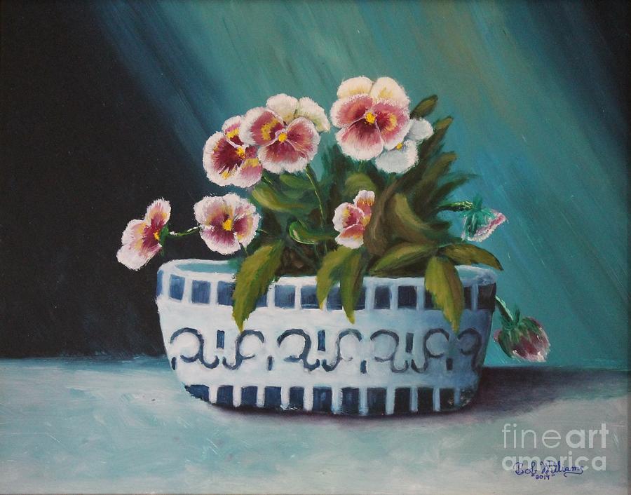 A Blue Bowl Of Pansies Painting by Bob Williams