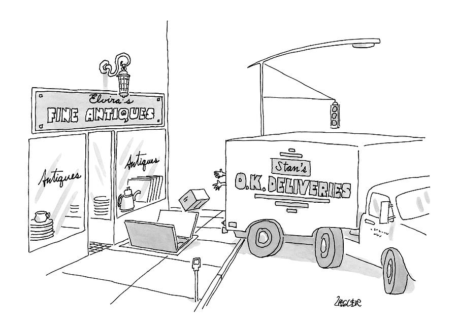A Box From A Truck Labeled Stans O.k. Deliveries Drawing by Jack Ziegler