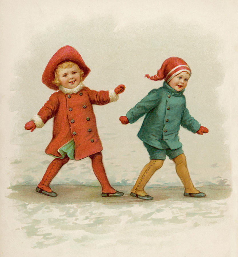 Christmas Drawing - A Boy And A Girl Slide On The Ice by Mary Evans Picture Library