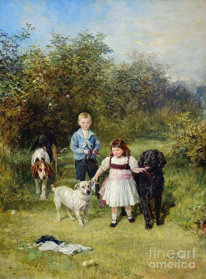 A boy and girl with their pets in a garden Painting by Celestial Images