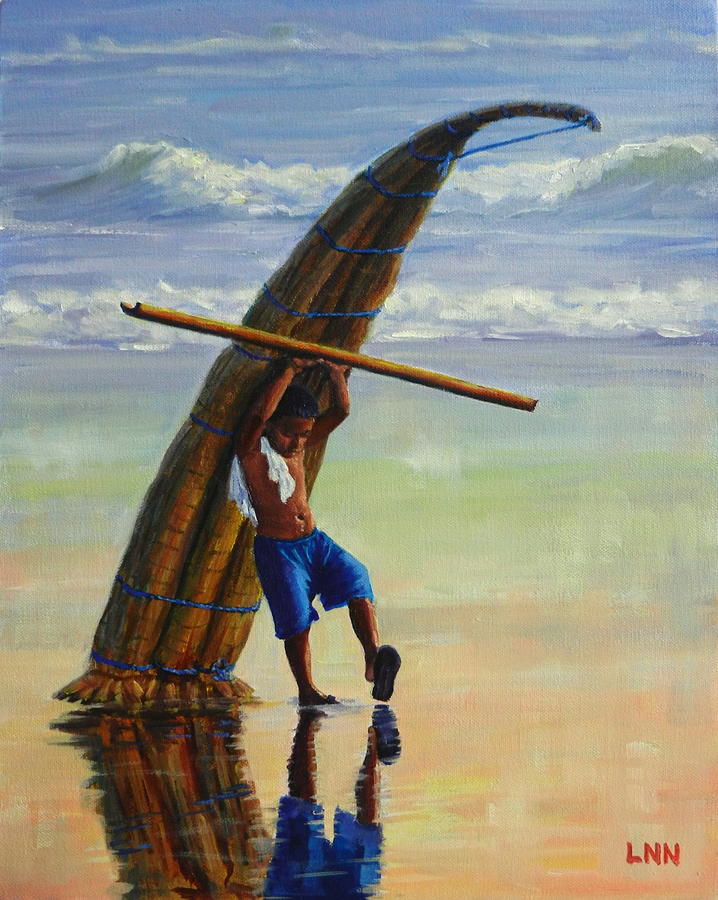 A boy and his Caballito de Totora, Peru Impression Painting by Ningning Li