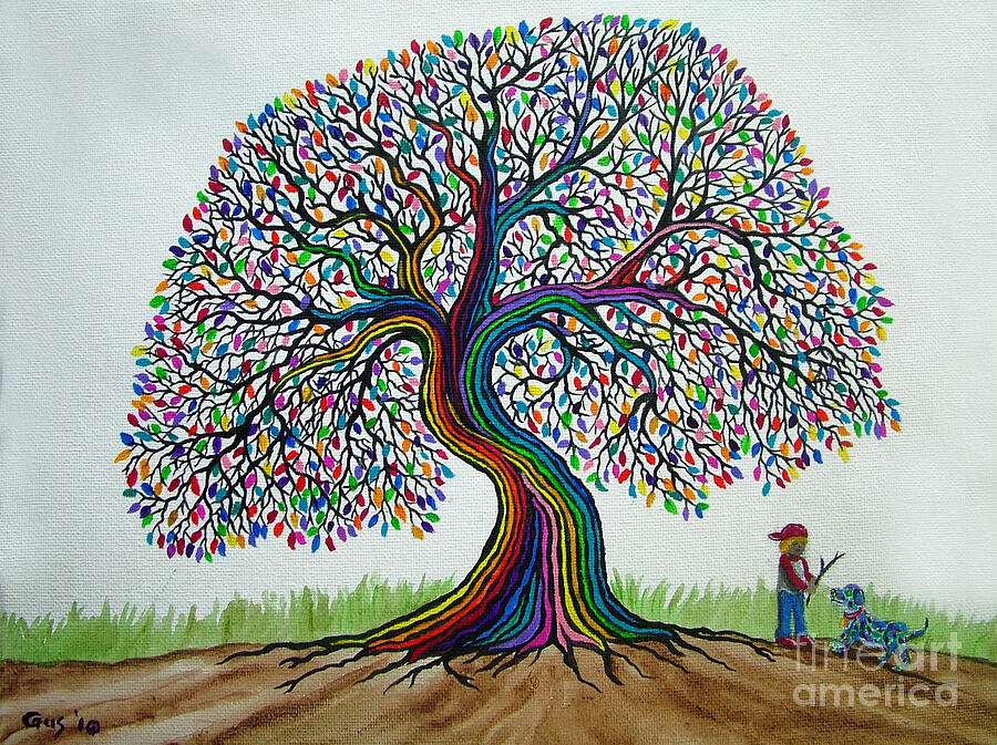 A boy his dog and Rainbow tree dreams Painting by Nick Gustafson