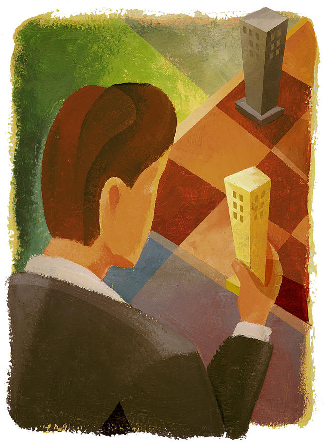 A businessman moving miniature buildings on a checkered board Drawing by Spark Studio
