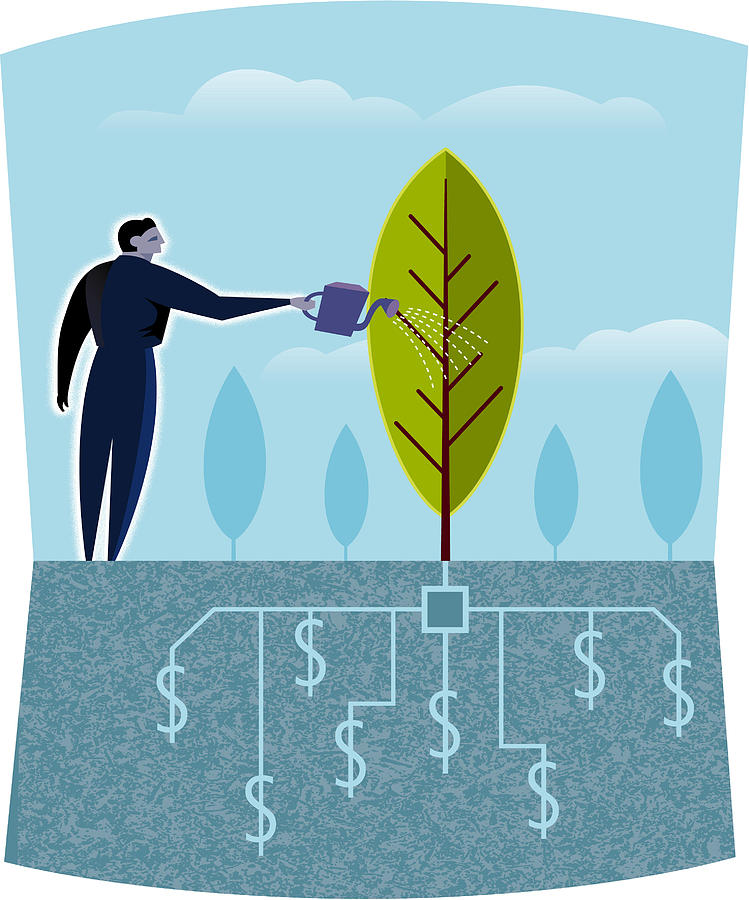 A businessman watering a tree Drawing by Spark Studio