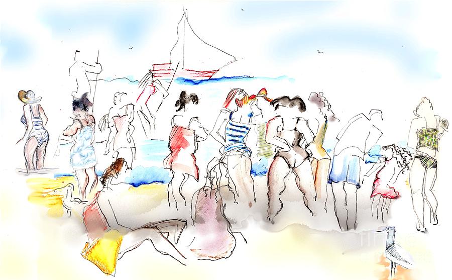 A Busy Day at the Beach Painting by Carolyn Weltman
