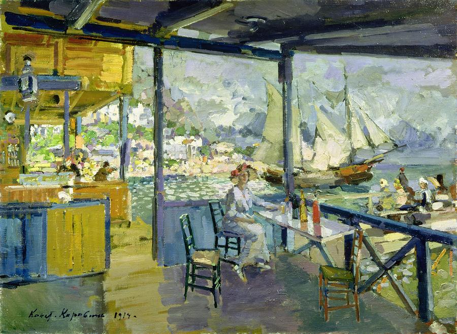 Port Photograph - A Cafe In Gursuph, 1914 Oil On Canvas by Konstantin Alekseevich Korovin